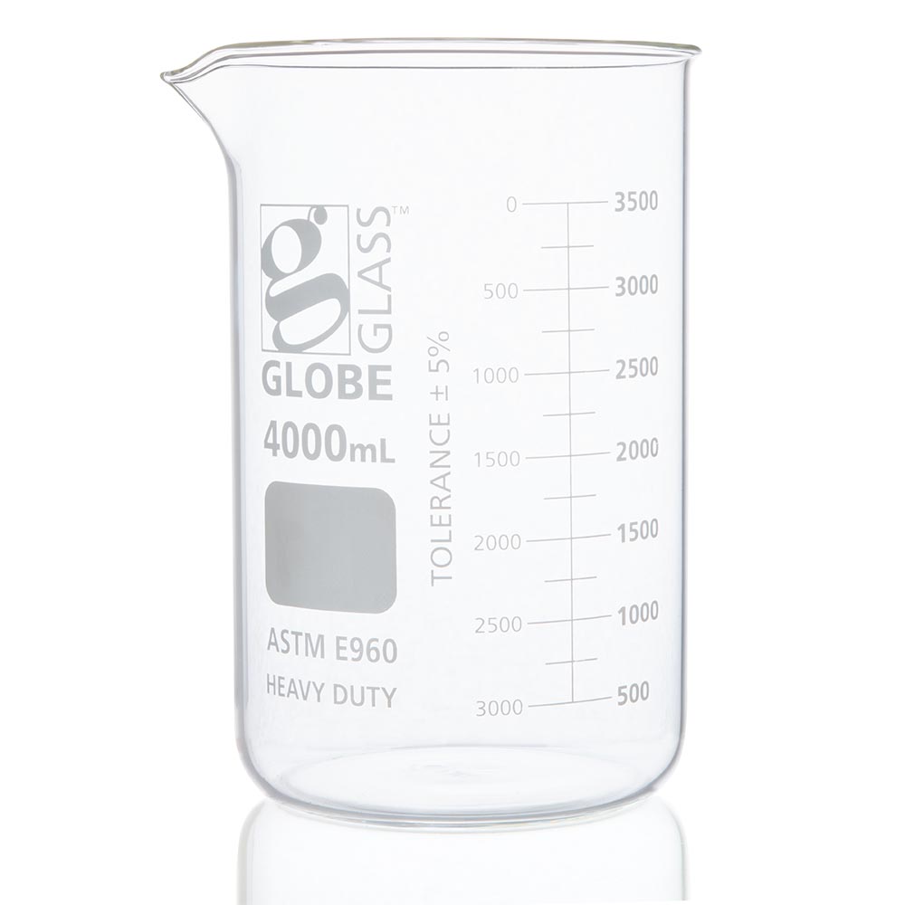 Globe Scientific Beaker, Globe Glass, 4000mL, Low Form Griffin Style, Heavy Duty, Dual Graduations, ASTM E960, 1/Box Image